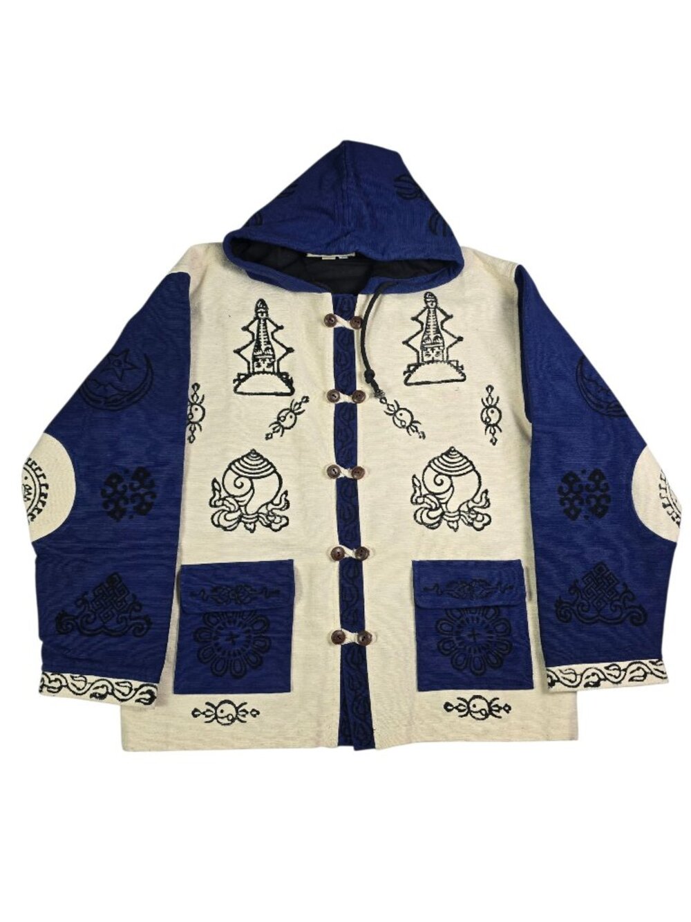 JASHU Nepal Blue Cream Cotton Nepal Buddah Ethnic Symbols Yin Yankg Moon Medium